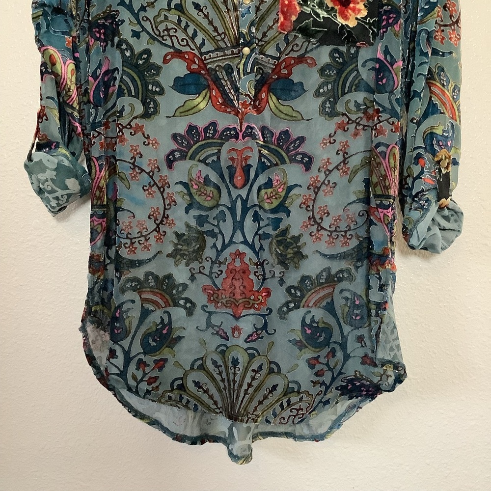Blue Colorful Velvet Burnout Artsy Boho Hippie Lagenlook Oversized Tunic Shirt S - Picture 3 of 8